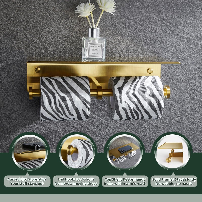 APLusee Brushed Gold Double Toilet Paper Holder with Shelf, Heavy Duty 304 Stainless Steel Tissue Roll Holder, Commercial Paper Dispenser Wall Mounted - Image 5